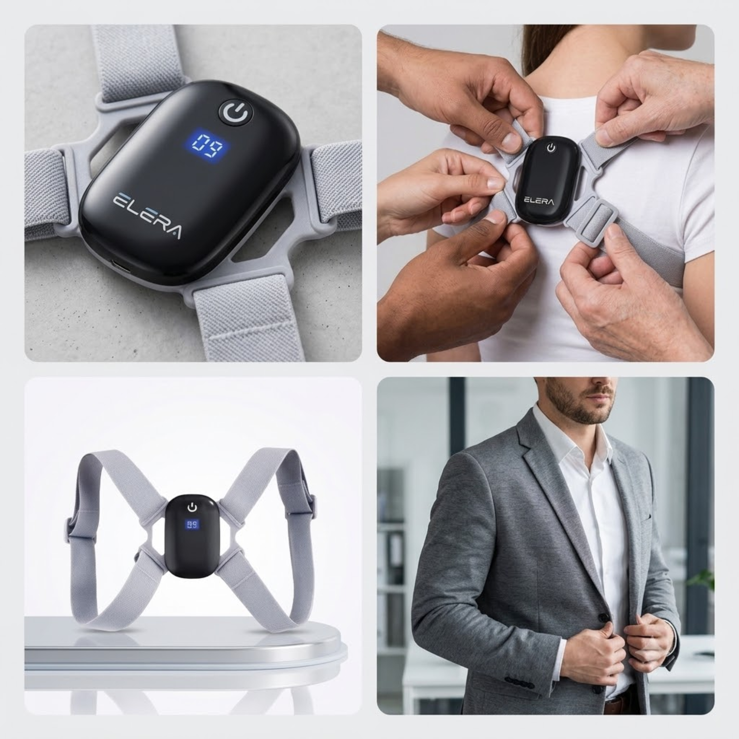 A four-panel collage showing a wearable ECG heart monitor. Top-left: close-up of the black monitor attached to gray straps on a light surface.