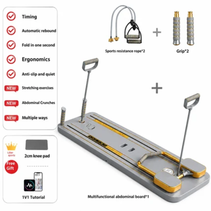 A fitness product bundle on a white background showing a multifunctional abdominal exercise board with handles, a sports resistance rope, two grip handles, a free gift knee pad, and a 1V1 tutorial graphic. The board is gray with gold accents, and the accessories are arranged with plus signs between them.