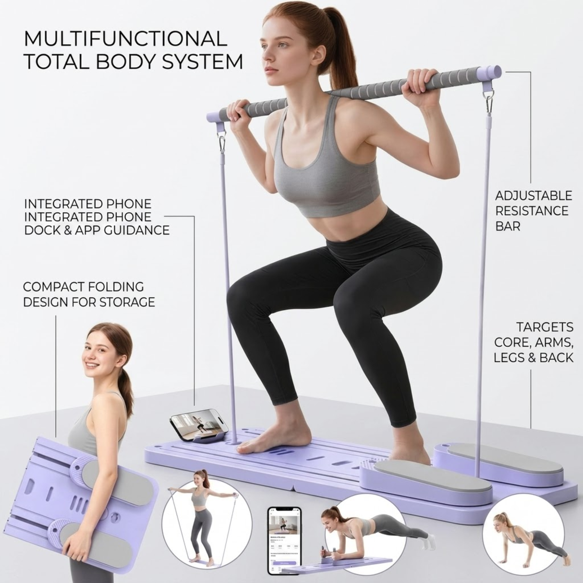 A woman performs a squat on a purple and gray total body fitness system, holding a resistance bar overhead. The image includes callouts and inset photos showing features such as an integrated phone, adjustable resistance bar, compact folding design, and target muscle areas.