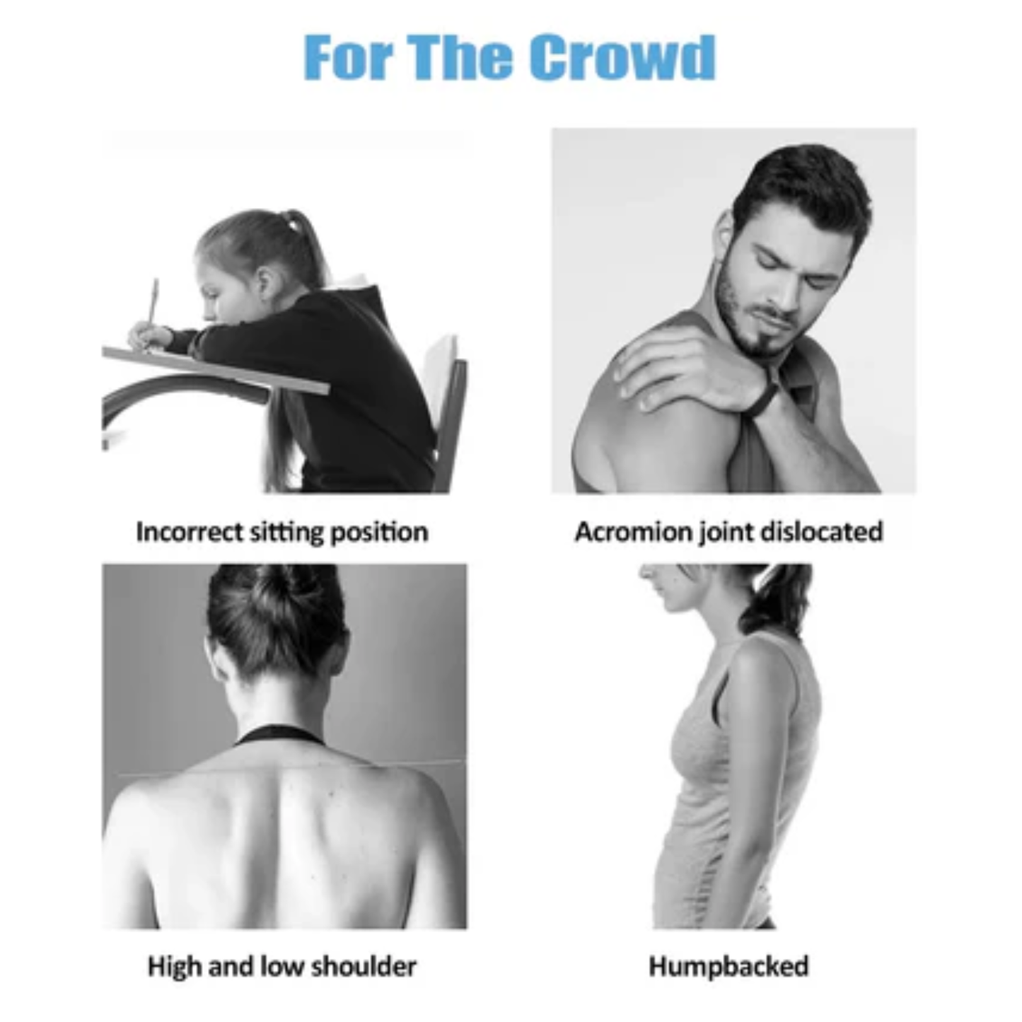 Illustrations showing incorrect sitting position, acromion joint dislocation, high and low shoulder, and humpbacked posture.