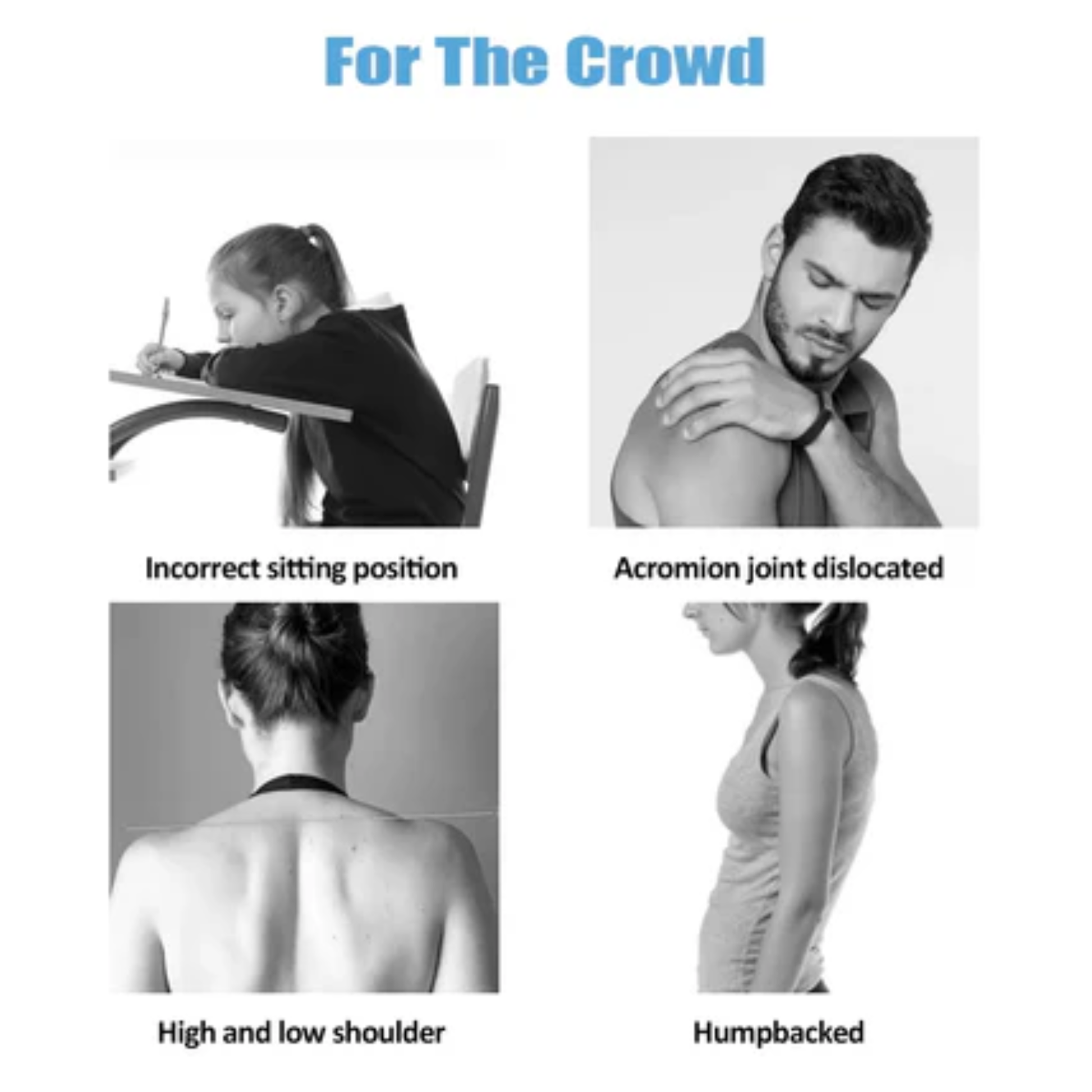 Illustrations showing incorrect sitting position, acromion joint dislocation, high and low shoulder, and humpbacked posture.