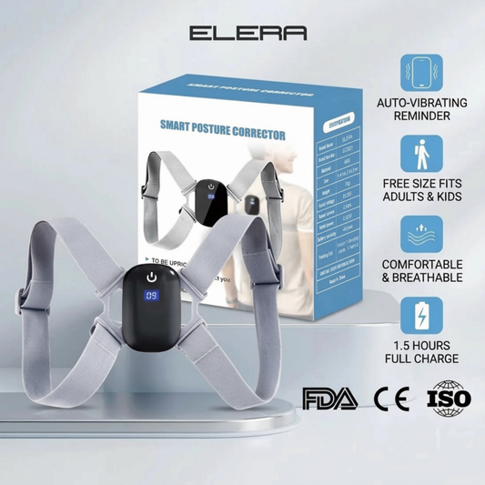 Elera Smart Posture Corrector with auto-vibrating reminder, gray breathable straps and black electronic unit with blue LED display, shown with retail packaging — FDA, CE & ISO certified, free size for adults and kids
