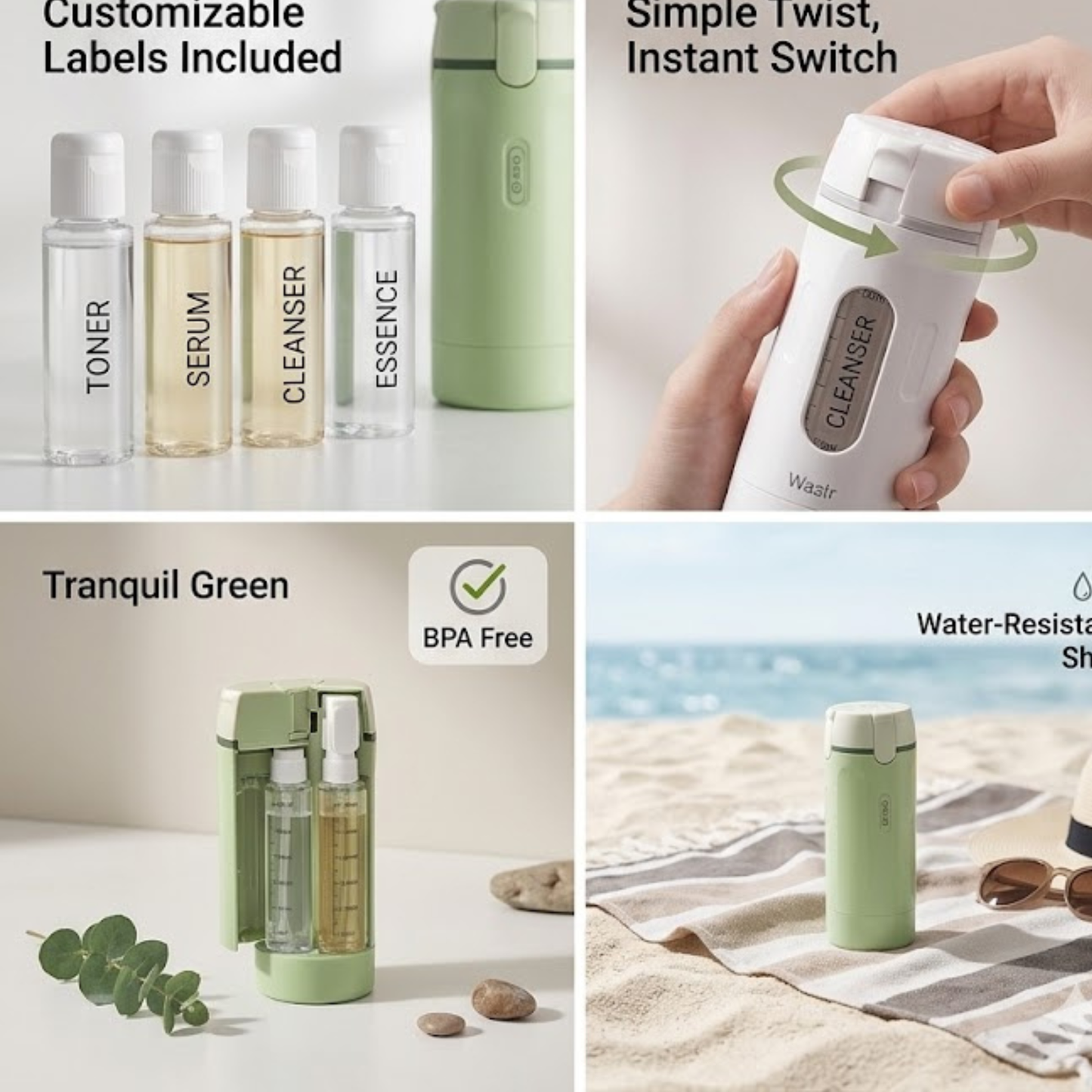 Wazir™ 4-in-1 Leakproof Travel Dispenser – Portable TSA-Approved Refillable Toiletry Bottles