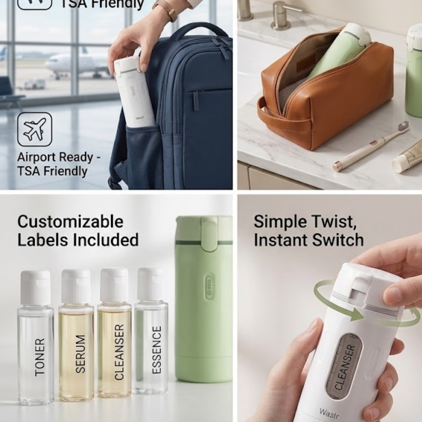Wazir™ 4-in-1 Leakproof Travel Dispenser – Portable TSA-Approved Refillable Toiletry Bottles