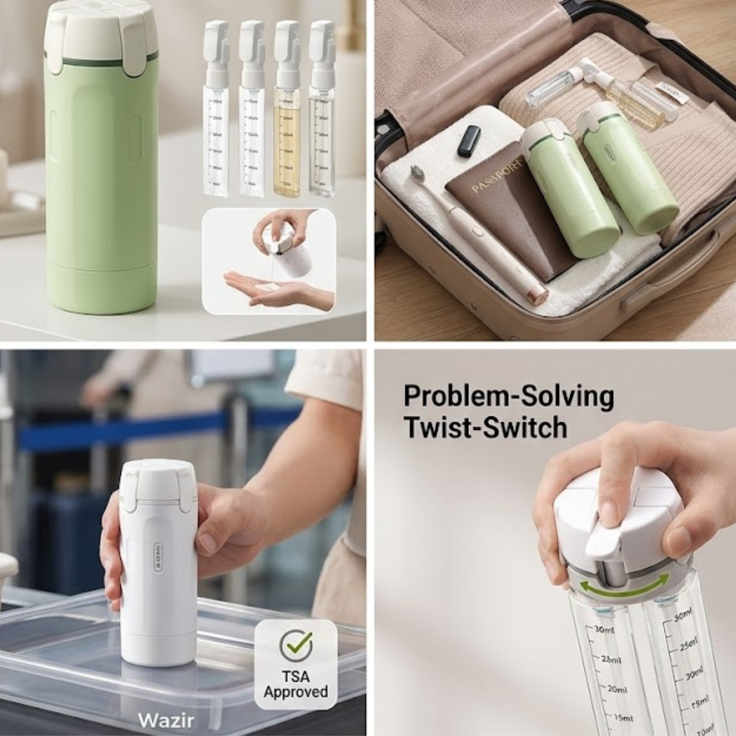 Wazir™ 4-in-1 Leakproof Travel Dispenser – Portable TSA-Approved Refillable Toiletry Bottles