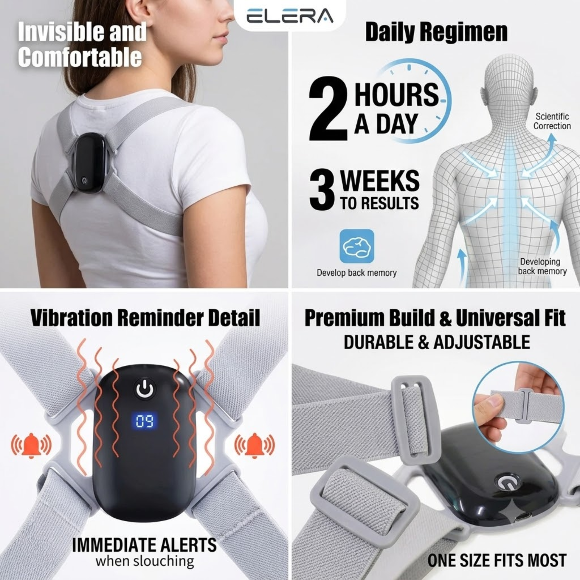 A 4-panel promotional graphic for the Elera back support belt. The top-left panel shows a woman wearing the gray adjustable back support belt with a black electronic device on her upper back.