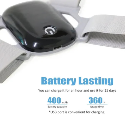 A close-up of a black and gray wearable electronic device with gray straps, shown on a white background with promotional text about battery life, 400 mAh capacity, and 360 hours usage time.