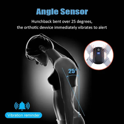 Orthotic device with angle sensor for hunchback correction, showing vibration reminder feature.