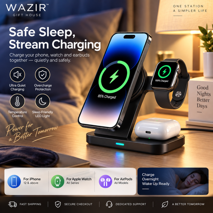 Wazir™ 3-in-1 Magnetic Wireless Charging Station – Charge Phone, Watch & Earbuds Simultaneously