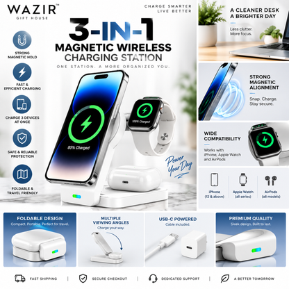 Wazir™ 3-in-1 Magnetic Wireless Charging Station – Charge Phone, Watch & Earbuds Simultaneously
