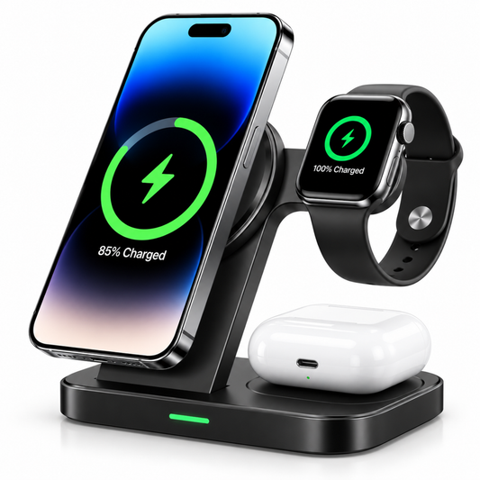 Wazir™ 3-in-1 Magnetic Wireless Charging Station – Charge Phone, Watch & Earbuds Simultaneously