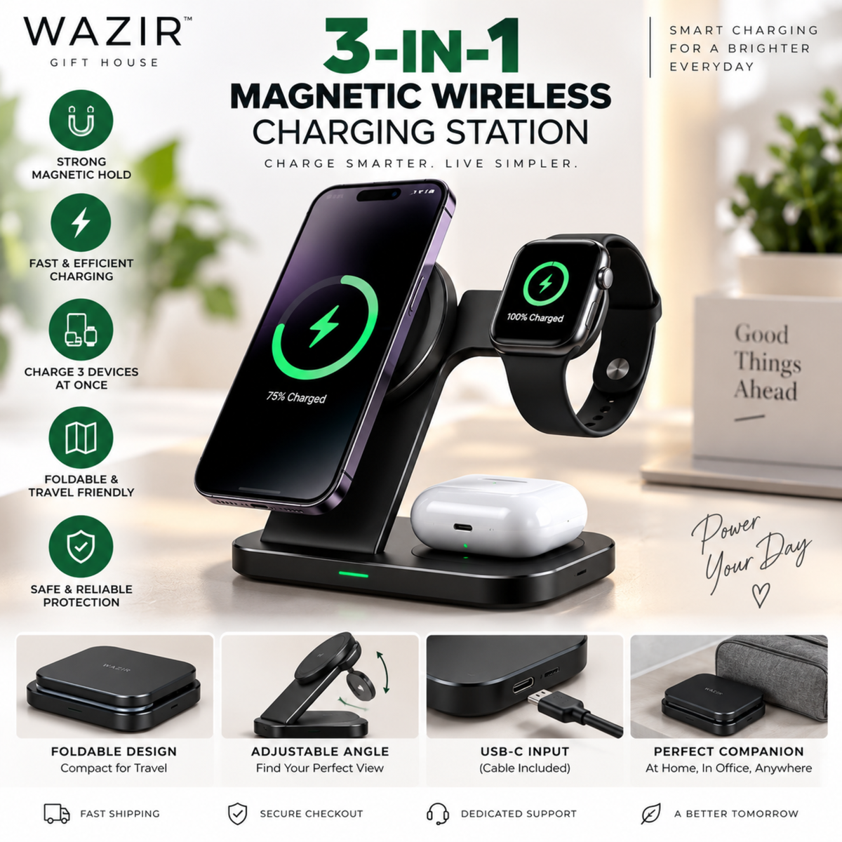 Wazir™ 3-in-1 Magnetic Wireless Charging Station – Charge Phone, Watch & Earbuds Simultaneously