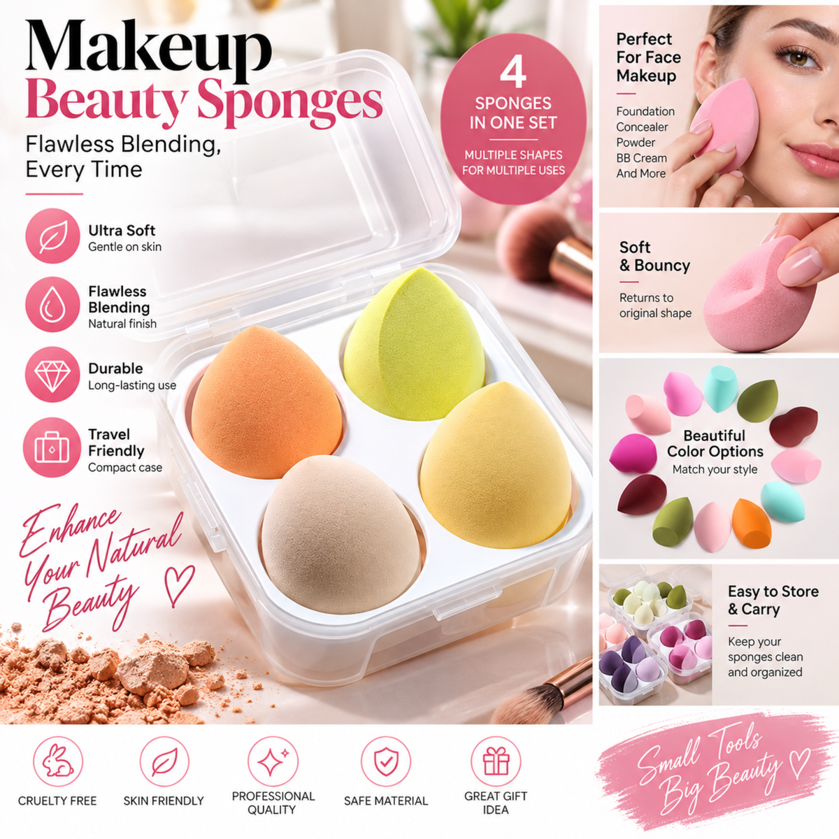 Wazir™ Beauty Makeup Sponge Set – Flawless Blending Egg Puff for Foundation, Concealer & Powder