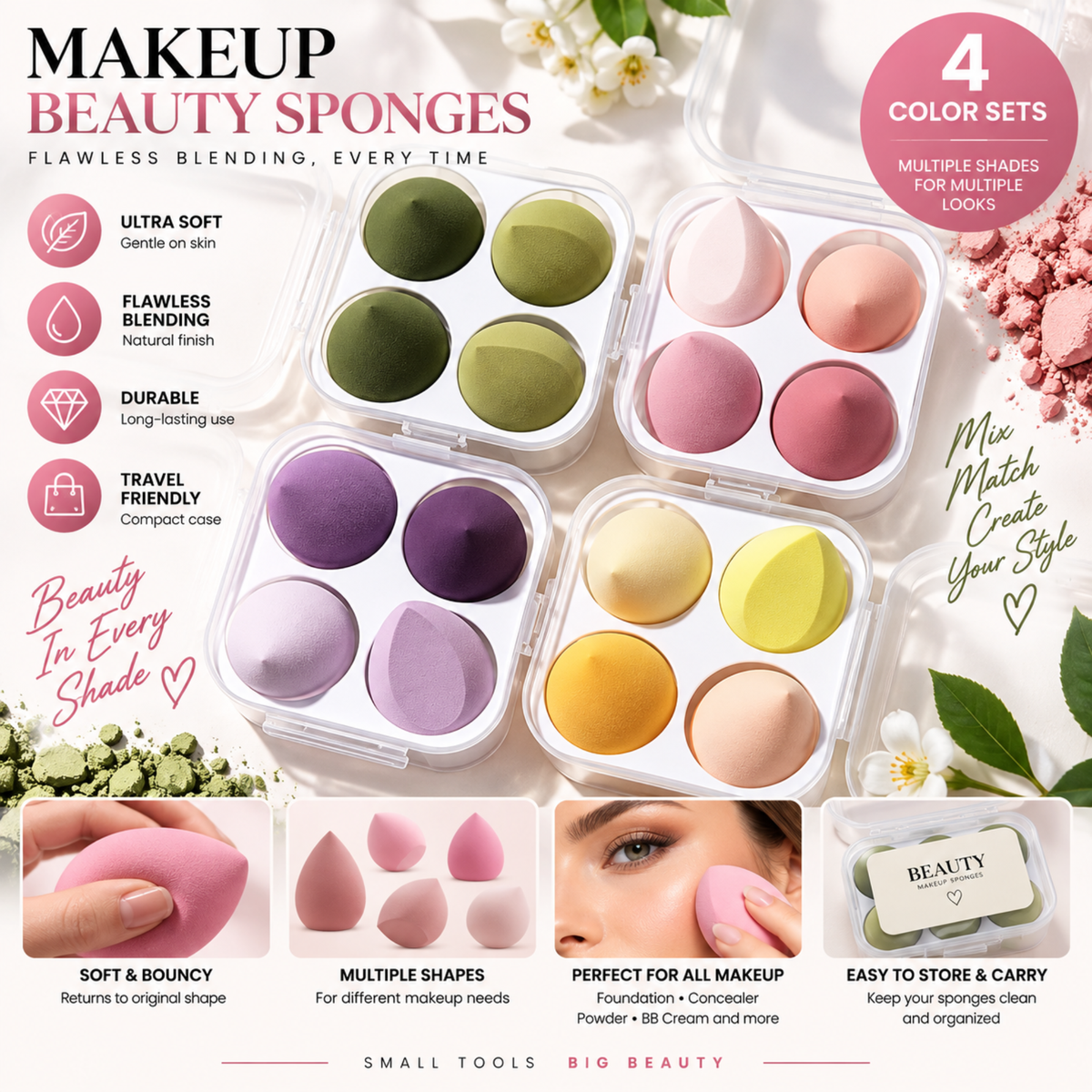 Wazir™ Beauty Makeup Sponge Set – Flawless Blending Egg Puff for Foundation, Concealer & Powder