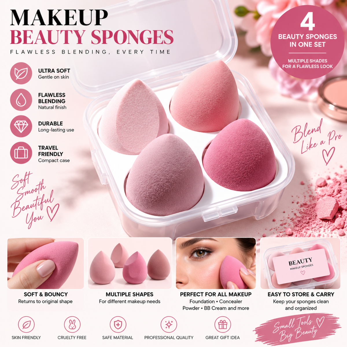 Wazir™ Beauty Makeup Sponge Set – Flawless Blending Egg Puff for Foundation, Concealer & Powder