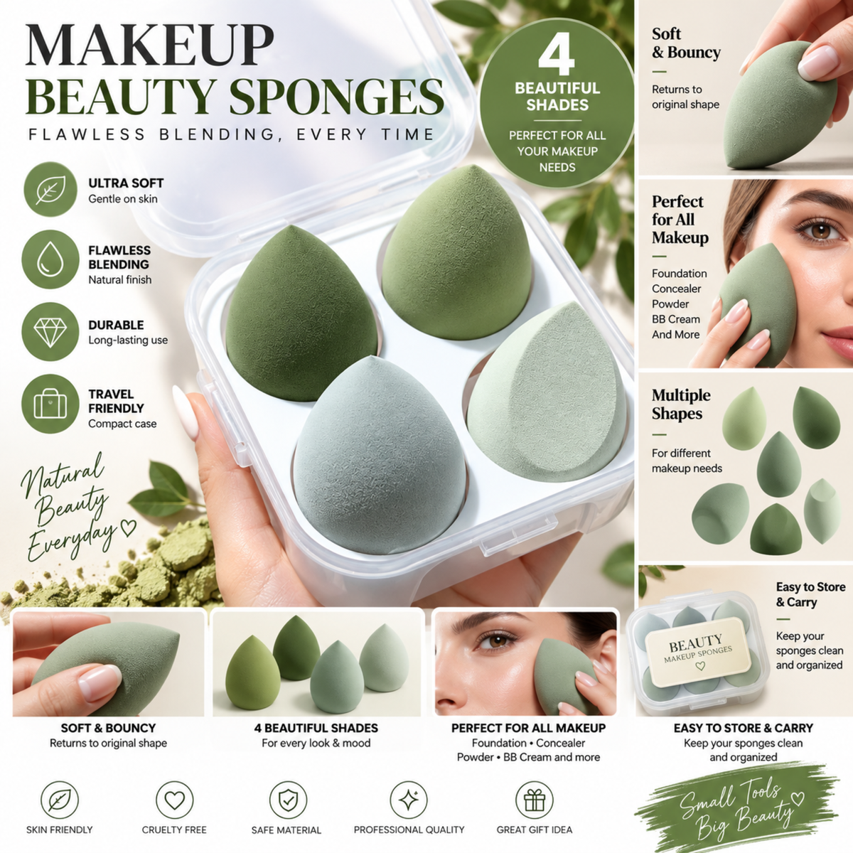 Wazir™ Beauty Makeup Sponge Set – Flawless Blending Egg Puff for Foundation, Concealer & Powder