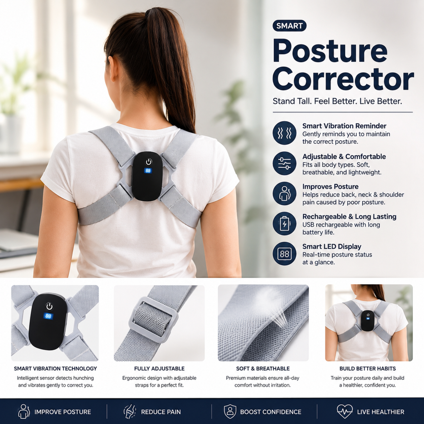 A woman shown from the back wearing a posture corrector harness on her shoulders, with product features and benefits text displayed alongside. The image includes a large central product demonstration panel and four smaller feature panels along the bottom, all on a light neutral background.