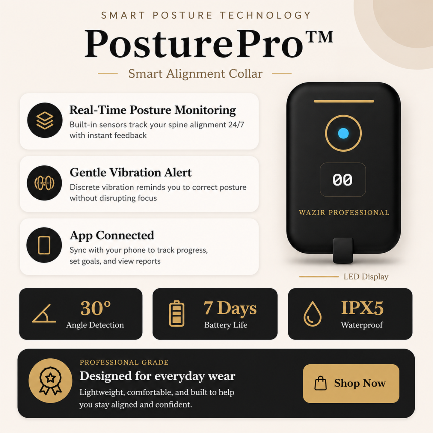 Wazir™ PosturePro Align — Smart Posture Corrector Collar with Haptic Feedback & LED Display