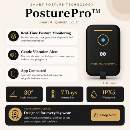 Wazir™ PosturePro Align — Smart Posture Corrector Collar with Haptic Feedback & LED Display