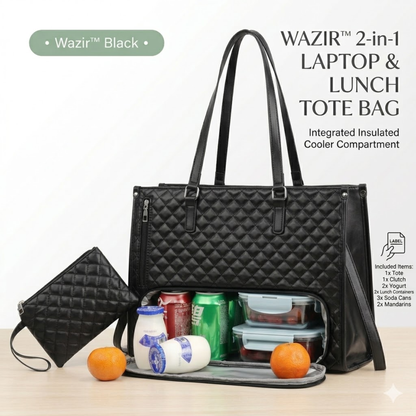 Black quilted laptop and lunch tote bag with insulated compartments on a white background