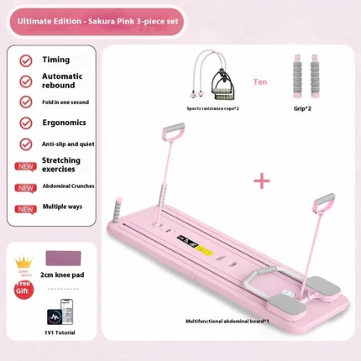 Pink abdominal exercise set labeled 'Ultimate Edition - Sakura Pink 3-piece set' on a pale pink background, showing the main pink exercise board with handles, resistance ropes, grip pieces, a knee pad inset, and feature callouts.