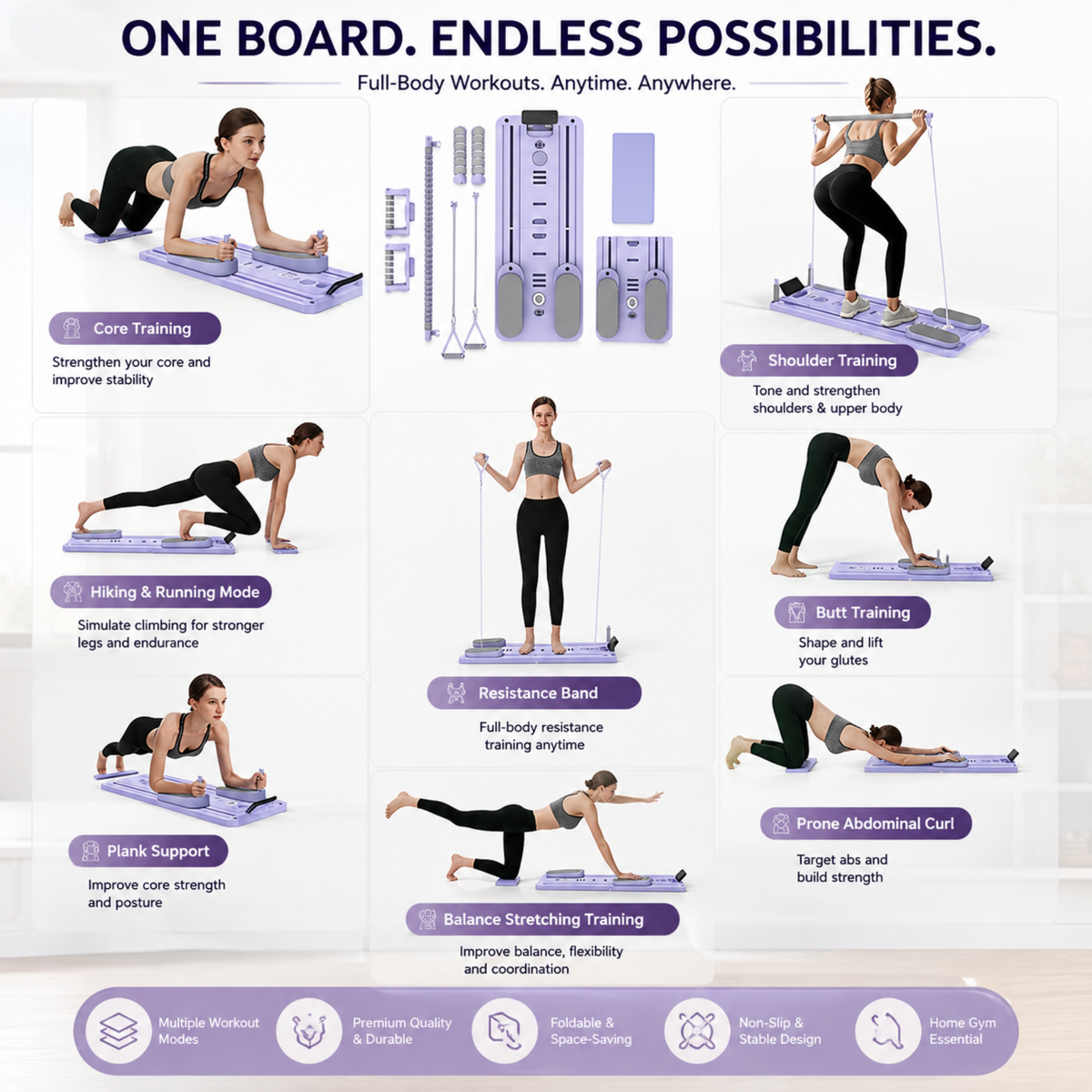 An infographic-style workout guide titled 'ONE BOARD. ENDLESS POSSIBILITIES.