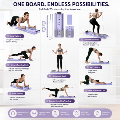An infographic-style workout guide titled 'ONE BOARD. ENDLESS POSSIBILITIES.