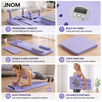 A 6-panel product feature collage for a lavender Pilates reformer machine by JNOM. The panels show close-ups of the machine's ergonomic handles, built-in digital timer, stable plank support frame, thick knee pad cushion, and a woman in workout clothes performing planks on the reformer in a home setting.