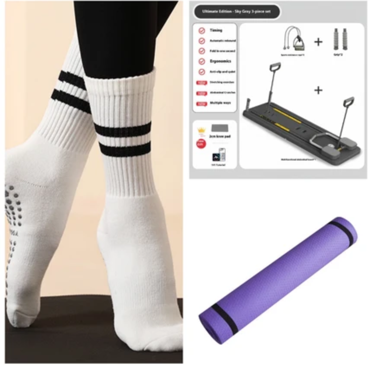 White ribbed socks with black stripes worn on a person's legs, shown alongside an infographic of a 2-piece workout set and a purple yoga mat on a white background.