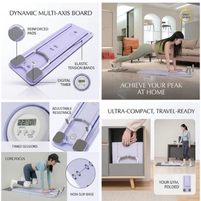 A multi-panel promotional collage for a purple multi-axis body composition scale. The collage includes a large product diagram labeled 'DYNAMIC MULTI-AXIS BOARD' with callouts for reinforced pads, elastic tension bands, digital timer, and adjustable resistance, plus lifestyle photos showing a woman using the scale at home and the scale folded for travel.
