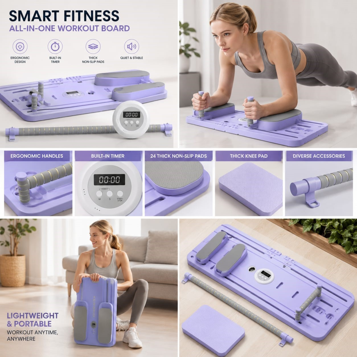 A fitness board workout machine shown in multiple lifestyle and feature panels. A woman is seen using the board in a home setting, and several inset close-ups highlight features such as ergonomic handles, a built-in timer, thick non-slip pads, a knee pad, and portability.
