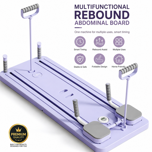 A lavender purple multifunctional abdominal rebound board exercise machine with dual handles and foot platforms, shown on a white background with feature icons and text.