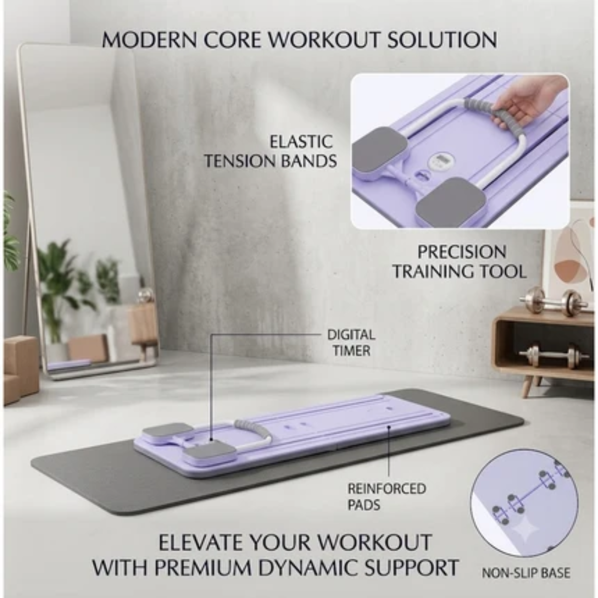 A fitness mat with a built-in purple workout device and elastic tension bands, shown in a styled home gym setting with text callouts including 'ELASTIC TENSION BANDS', 'PRECISION TRAINING TOOL', 'DIGITAL TIMER', 'REINFORCED PADS', and 'NON-SLIP BASE'.