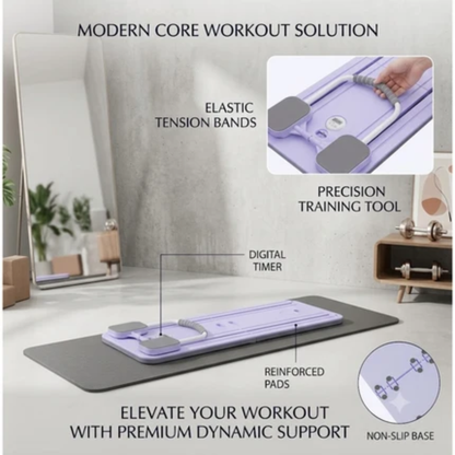 A fitness mat with a built-in purple workout device and elastic tension bands, shown in a styled home gym setting with text callouts including 'ELASTIC TENSION BANDS', 'PRECISION TRAINING TOOL', 'DIGITAL TIMER', 'REINFORCED PADS', and 'NON-SLIP BASE'.