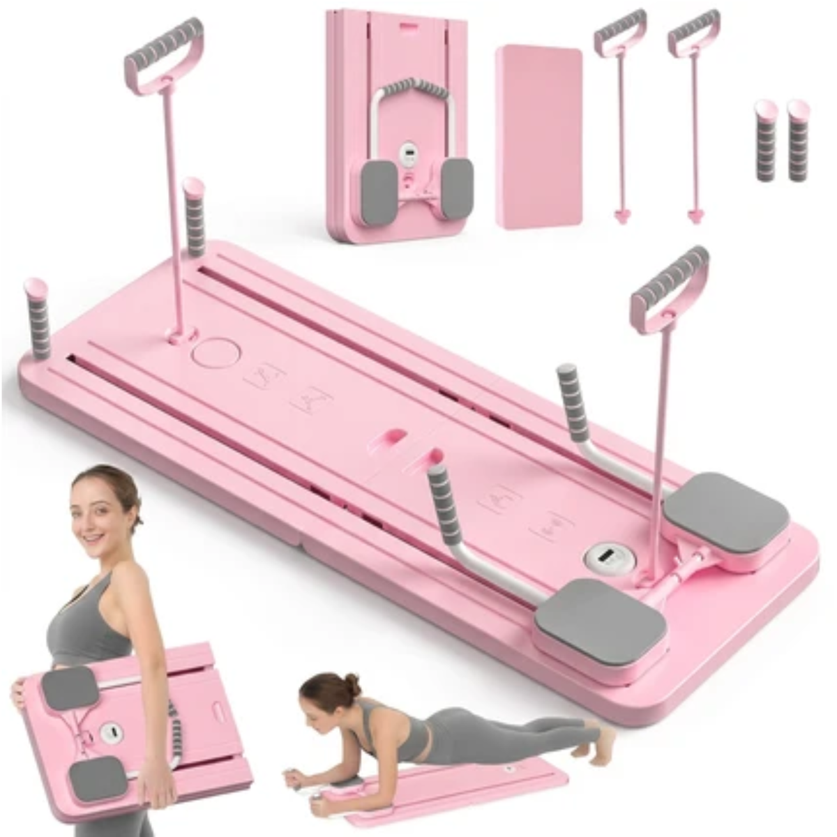 Pink Pilates reformer exercise machine with gray foot pads and handles, shown on a white background with inset views of a woman using it and accessory components.