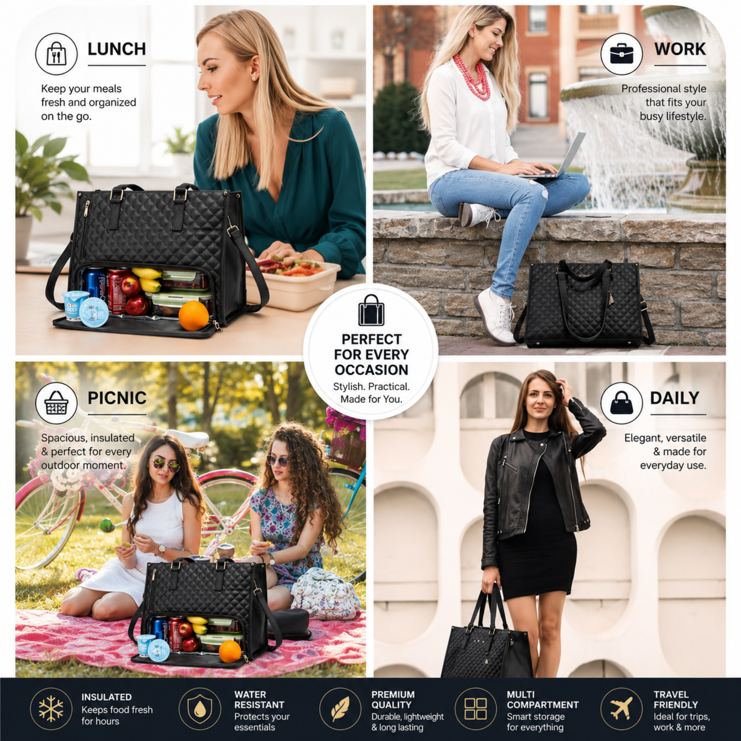 A 4-panel lifestyle infographic showcasing a black quilted insulated tote bag in various daily-use scenarios: lunch, work, picnic, and daily commute. The infographic includes descriptive text, icons, and a central badge reading 'PERFECT FOR EVERY OCCASION'.