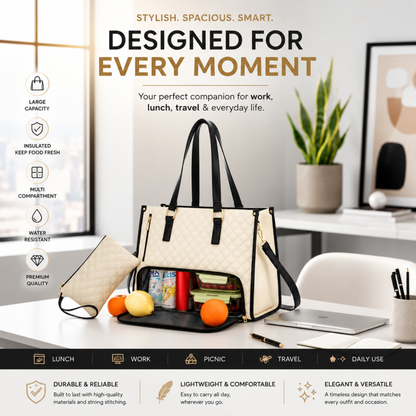 A beige quilted tote bag with black handles and trim is shown open on a desk in a bright home office setting, with a matching pouch beside it. The image includes marketing text, feature icons on the left, and usage场景 examples along the bottom.