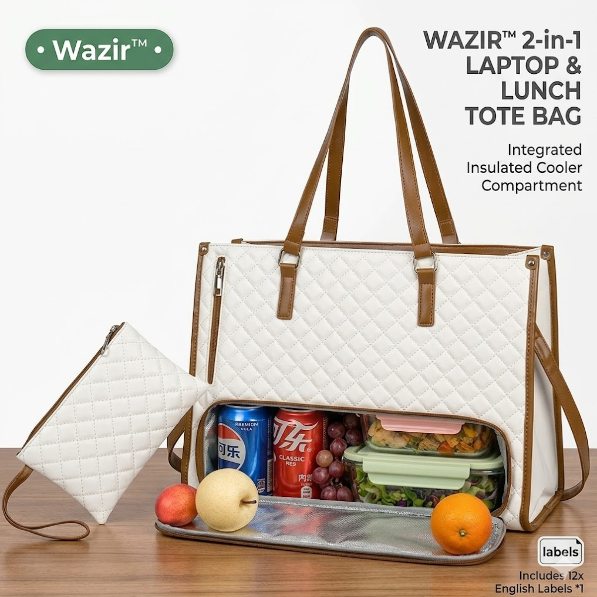 Wazir 2-in-1 laptop and lunch tote bag with insulated compartments on a wooden surface.