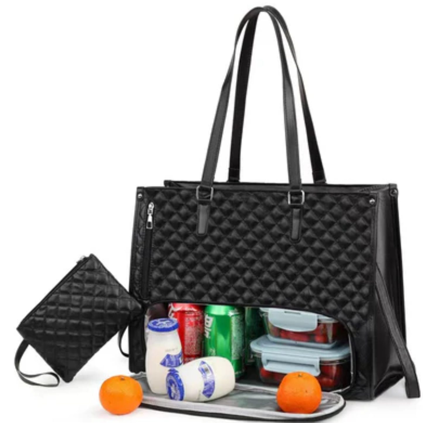 Black quilted tote bag with compartments containing snacks and drinks on a white background