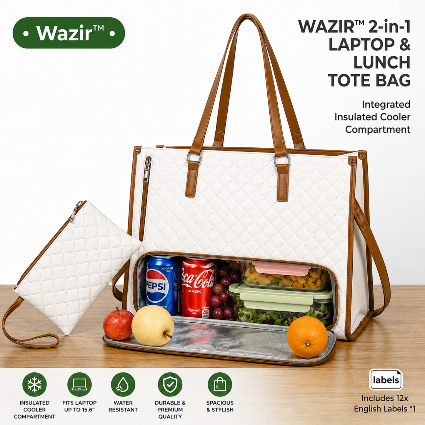Wazir 2-in-1 laptop and lunch tote bag with compartments for food and drinks on a wooden surface.